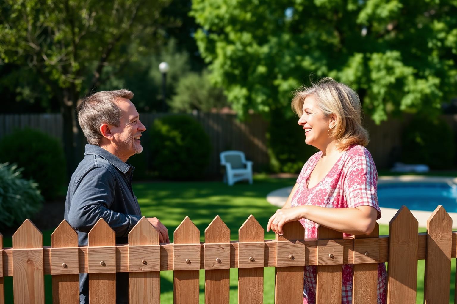 Two neighbors chatting over a backyard fence