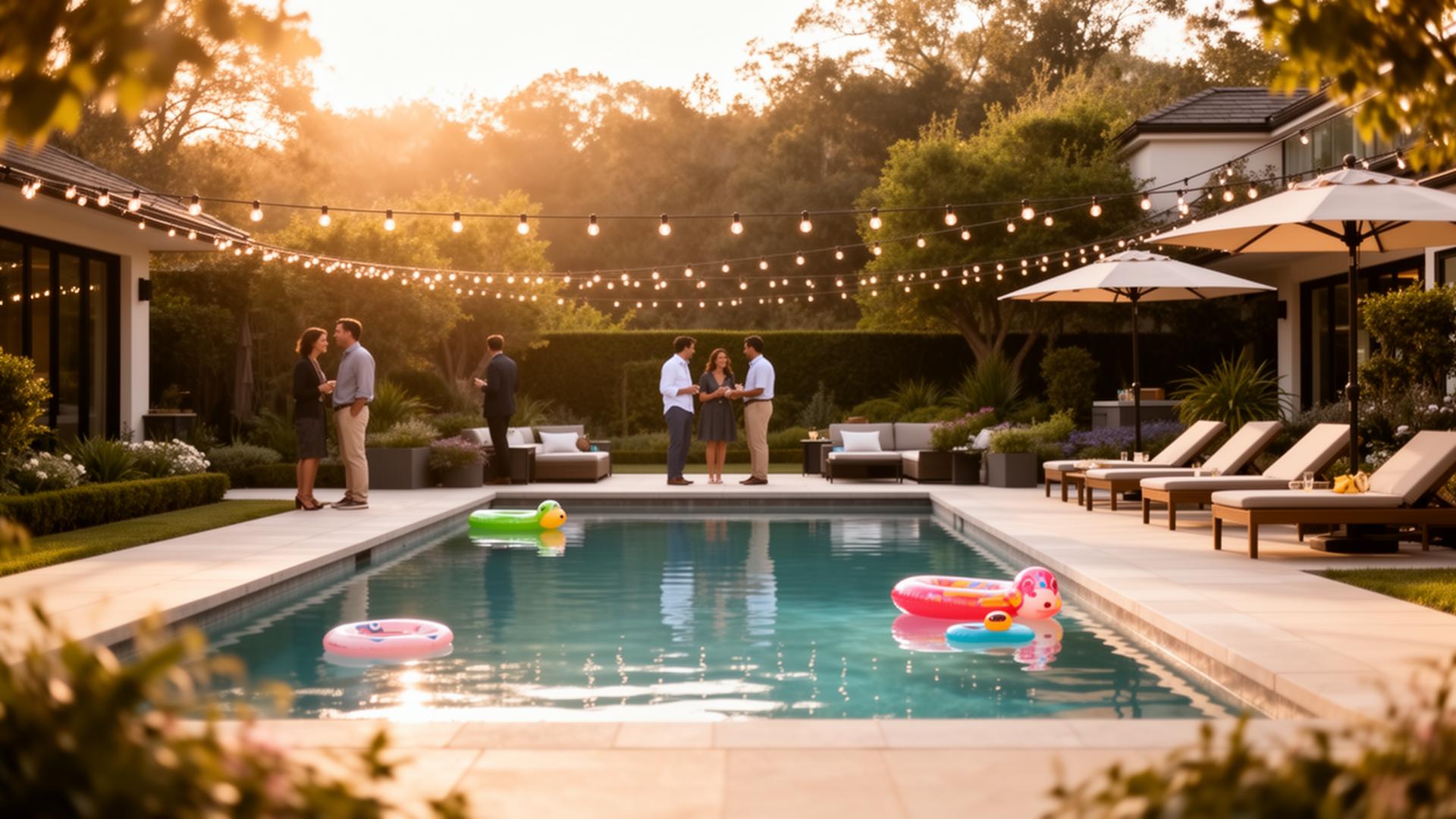 Backyard pool party at golden hour with guests gathered around the water