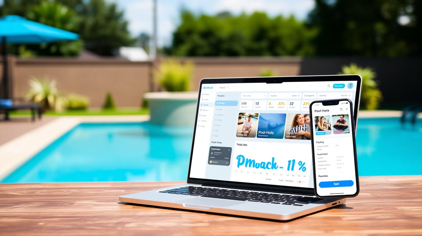 Host Pro app dashboard shown on laptop and phone next to a backyard pool