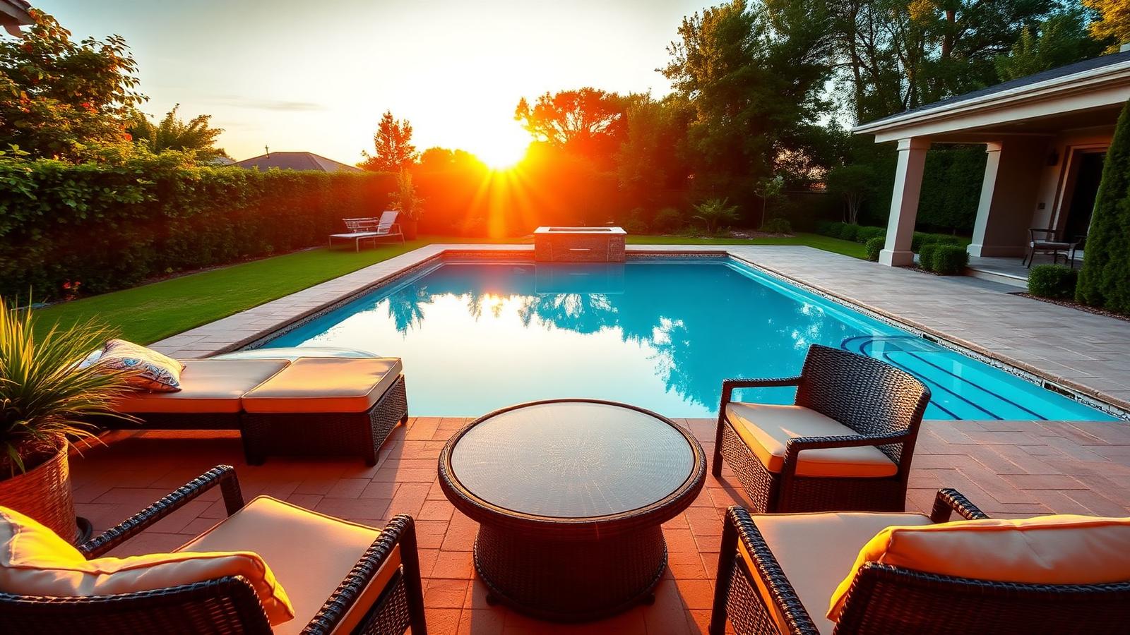 Backyard swimming pool at golden hour with lounger in the foreground